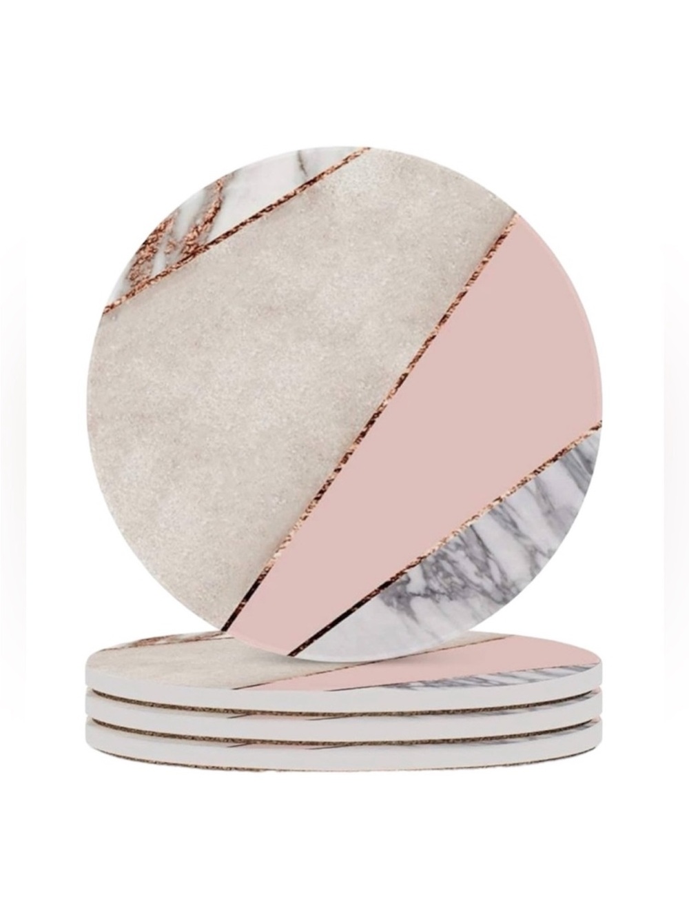 4 Ceramic Coasters Round Spliced Pink Rose Gold Grey Marble Accents Set BNIB